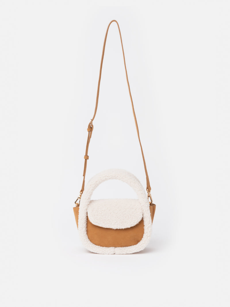 Camel mutton effect crossbody bag Gilda with shearly details