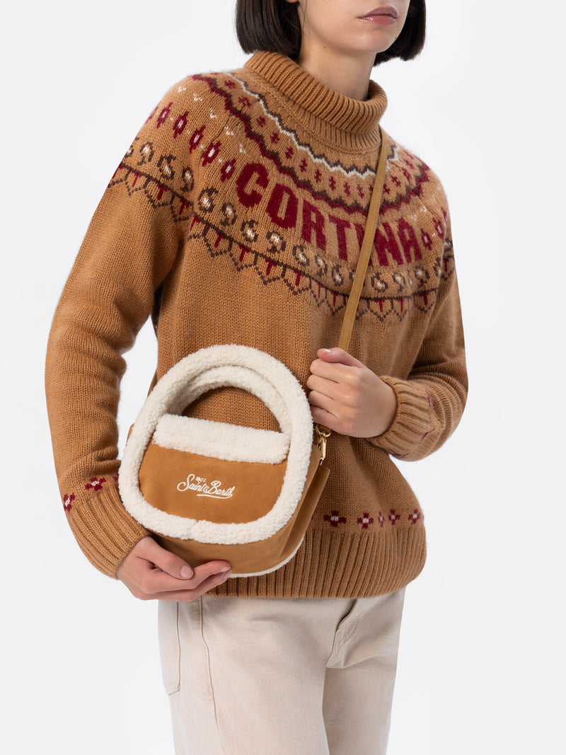 Camel mutton effect crossbody bag Gilda with shearly details