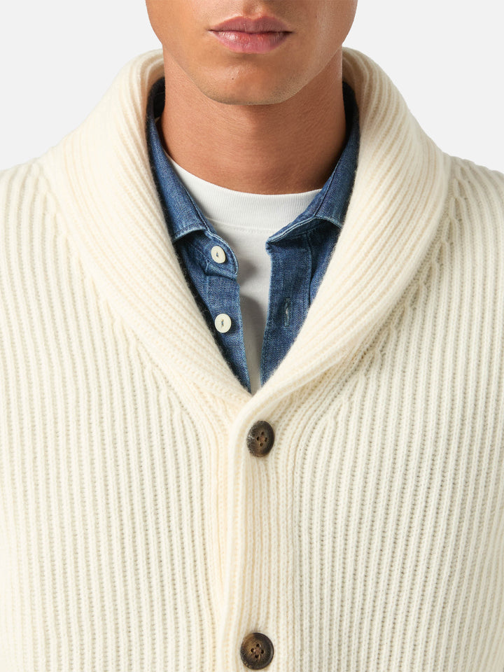 Cardigan Glasgow bianco panna in lana con collo a scialle