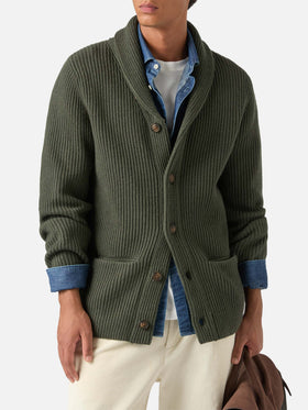Cárdigan verde de lana Glasgow con cuello chal 