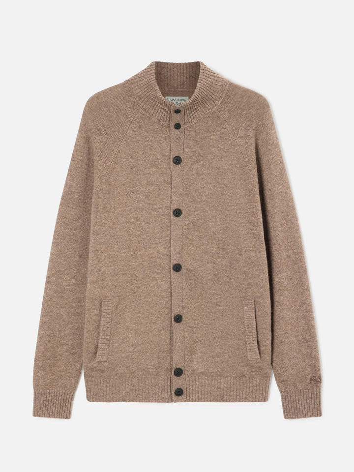 Cardigan Galway beige in lana lambswool con collo alto