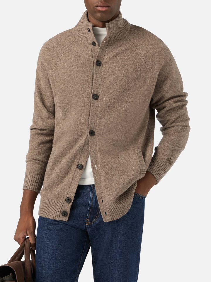 Cardigan Galway beige in lana lambswool con collo alto