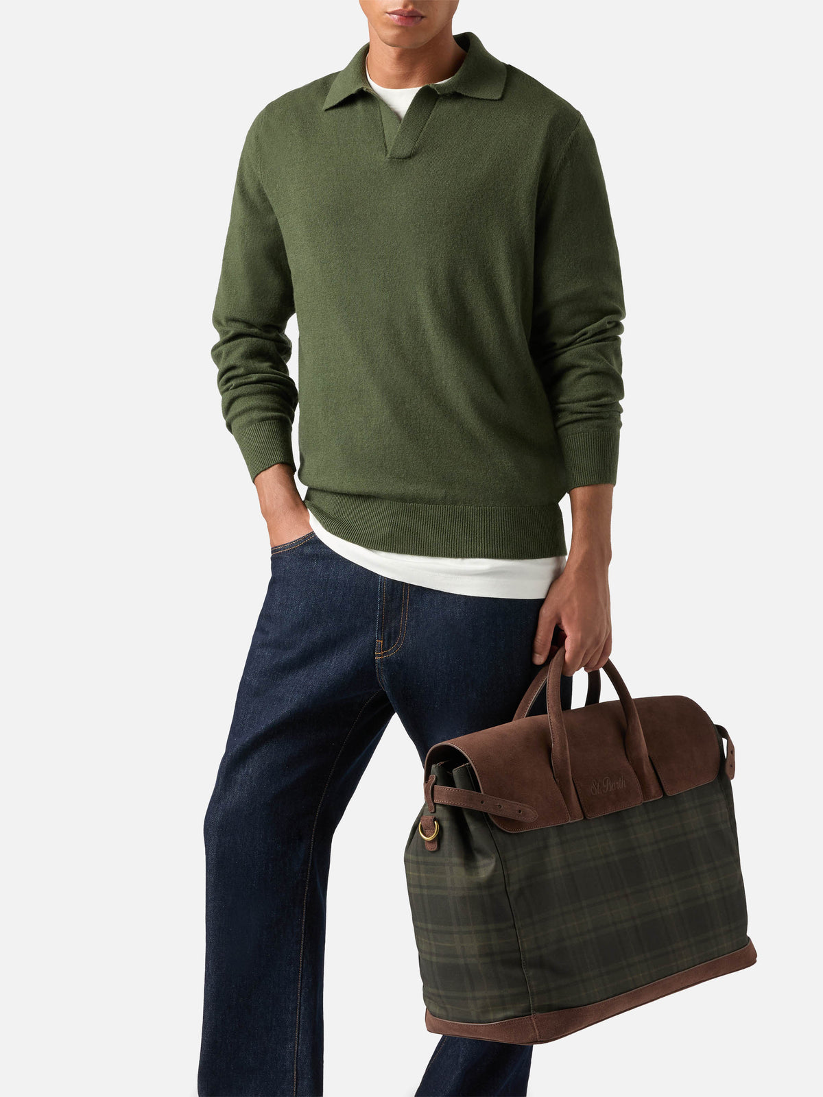 Reisekulturtasche für Herren aus gewachstem Material mit Tartan-Print 