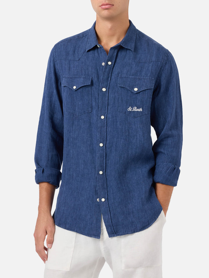 Camisa Greg de lino azul con efecto denim 