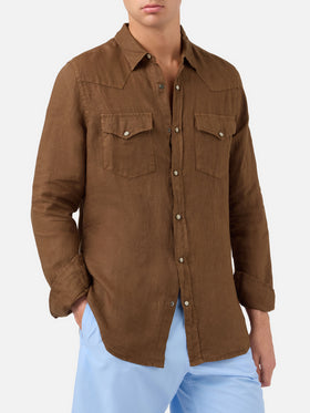 Camicia Greg in lino marrone tinta unita