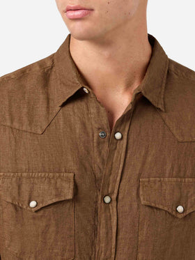 Camicia Greg in lino marrone tinta unita