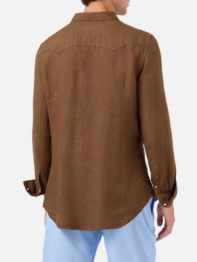 Camicia Greg in lino marrone tinta unita