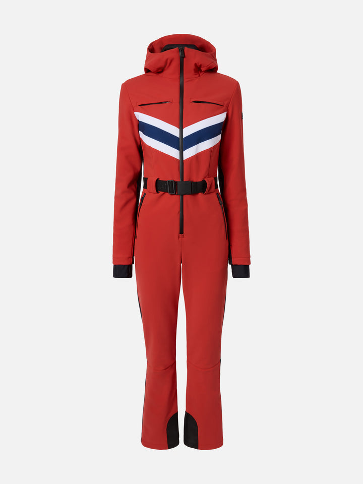 Woman red ski suit Garmisch with RECCO® technology