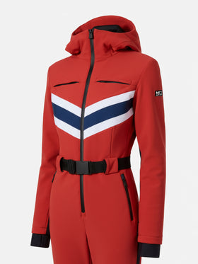Woman red ski suit Garmisch with RECCO® technology