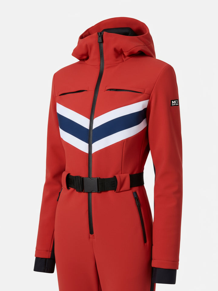 Woman red ski suit Garmisch with RECCO® technology
