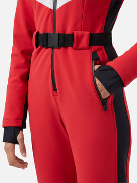 Woman red ski suit Garmisch with RECCO® technology