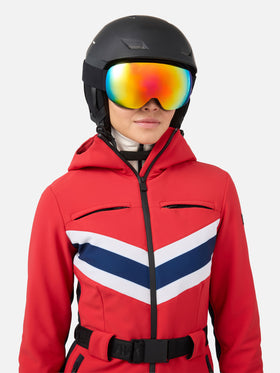 Woman red ski suit Garmisch with RECCO® technology