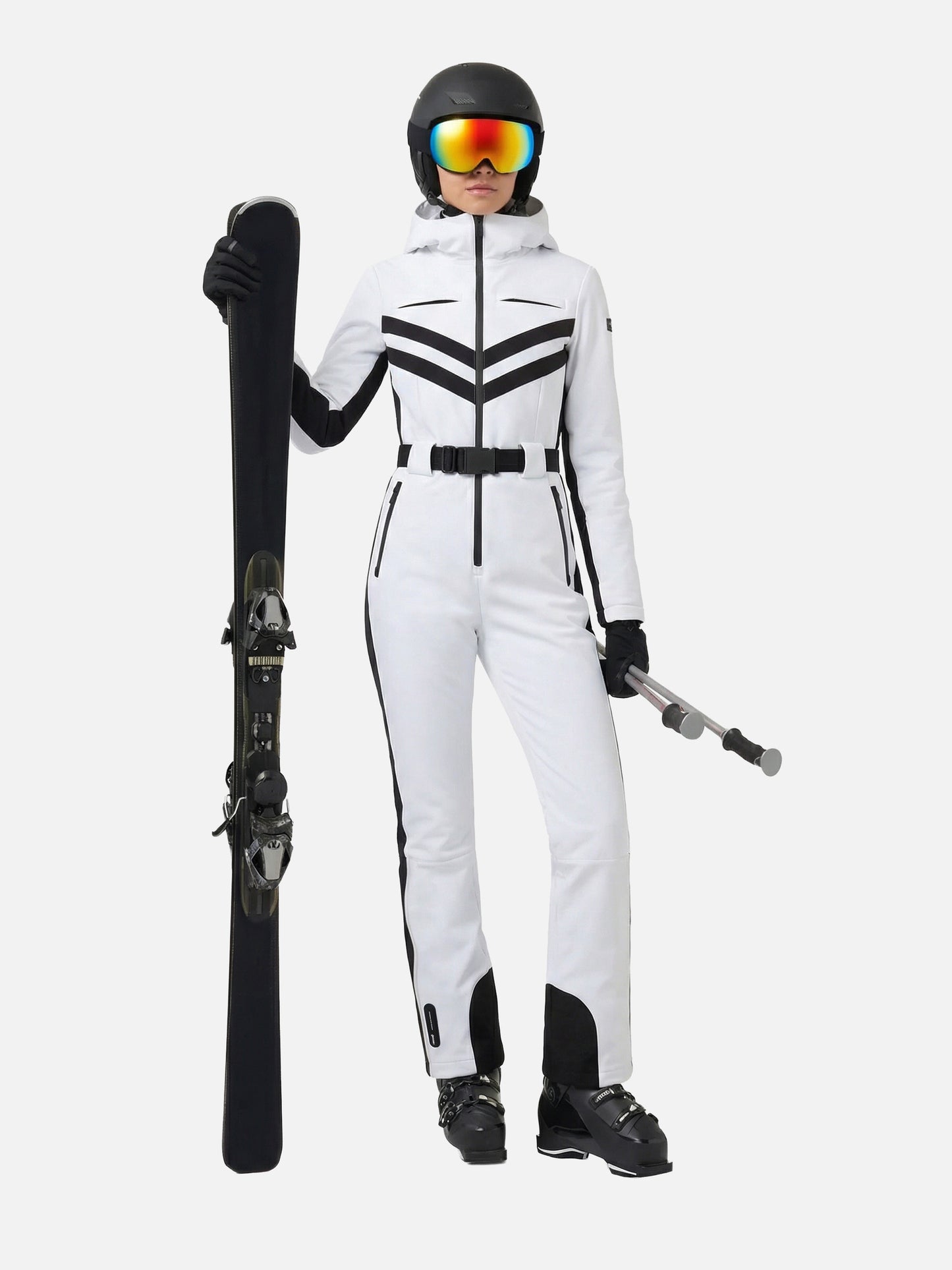Woman white ski suit Garmisch with RECCO® technology