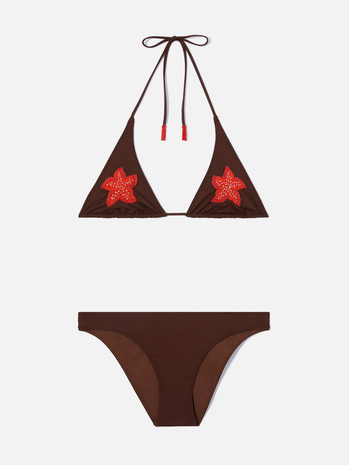 Bikini Guiana Maia marrone con stelle marine in perline