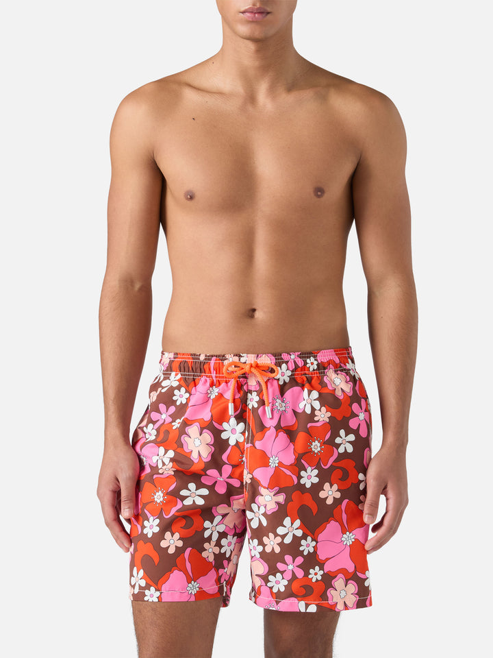 Mid-length Gustavia swim-shorts with vintage flower print