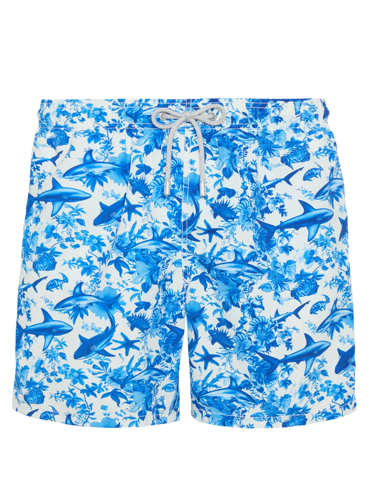 Mid-length Gustavia swim-shorts with shark print | AI CO-CREATED DESIGN BY RICKDICK - POWERED BY RED-EYE - MC2 Saint Barth