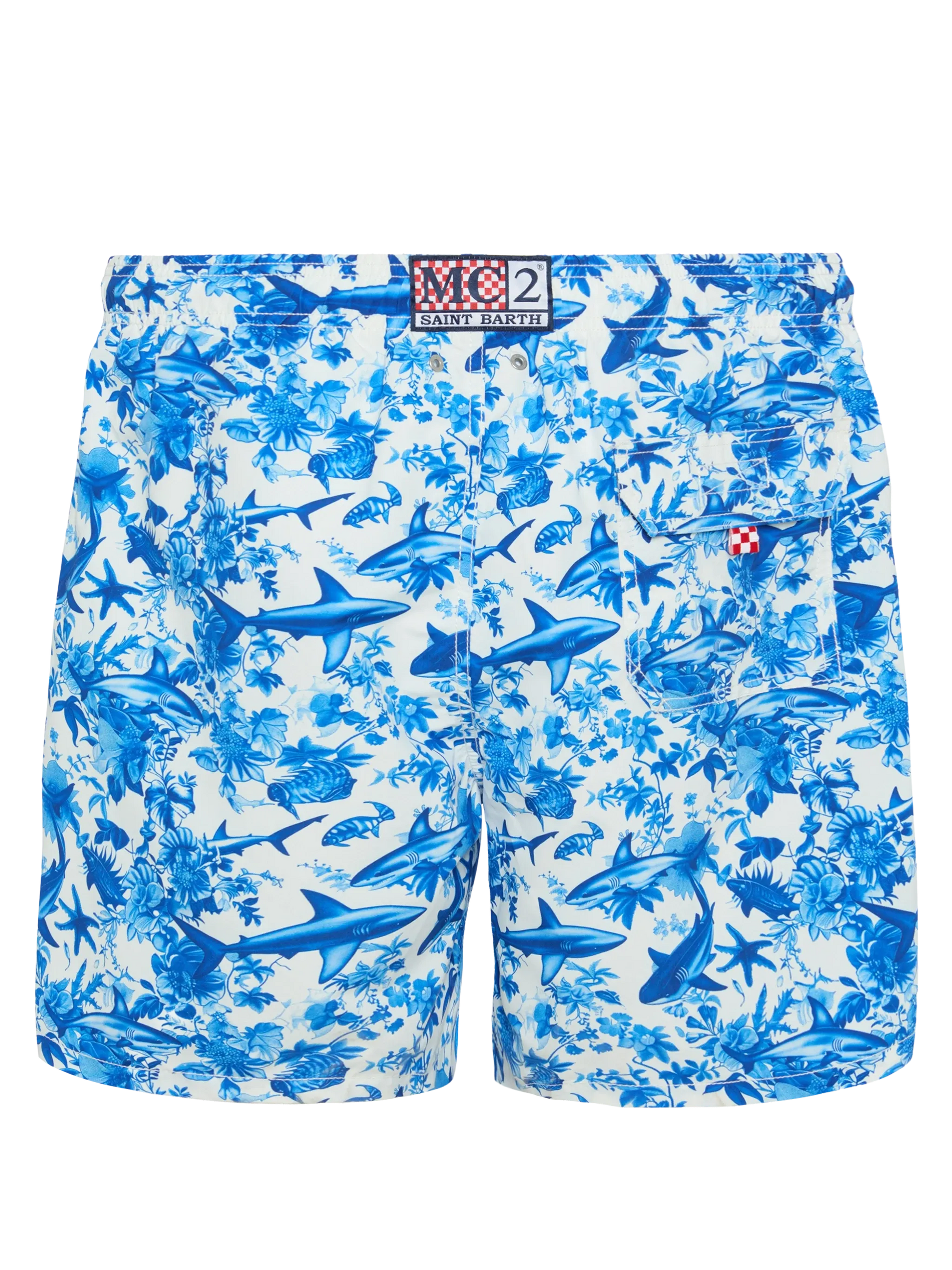 Mid-length Gustavia swim-shorts with shark print | AI CO-CREATED DESIGN BY RICKDICK - POWERED BY RED-EYE - MC2 Saint Barth