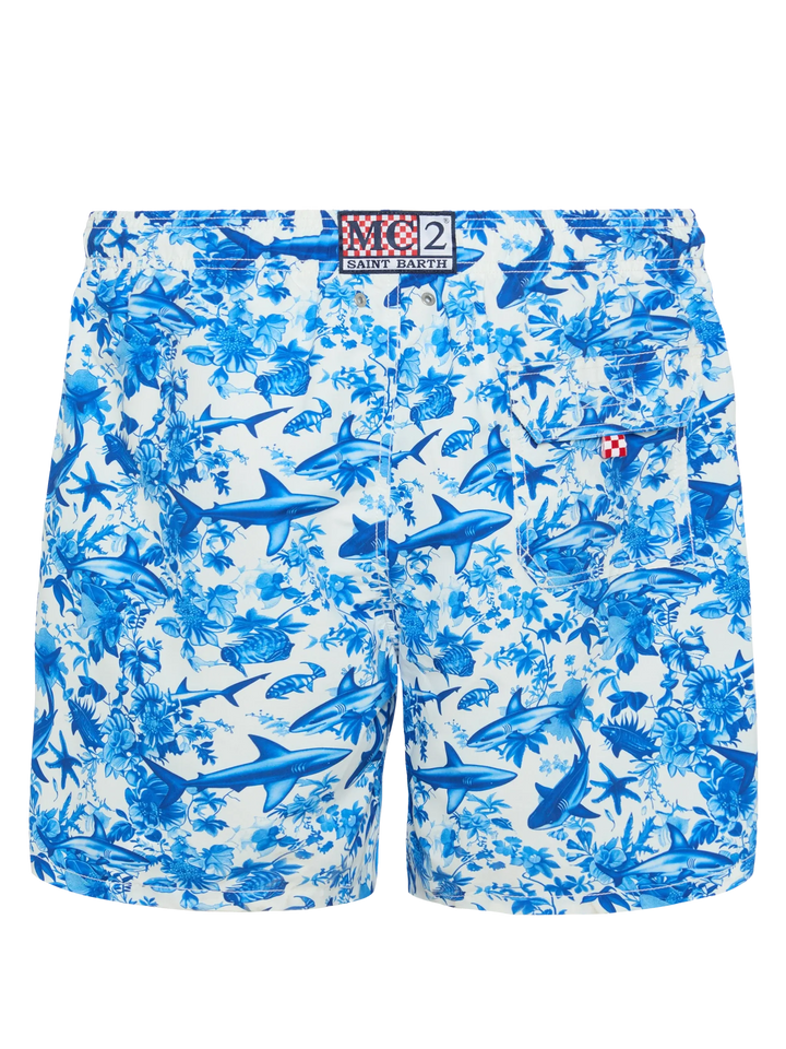Mid-length Gustavia swim-shorts with shark print | AI CO-CREATED DESIGN BY RICKDICK - POWERED BY RED-EYE - MC2 Saint Barth