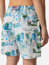 Mid-length Gustavia swim-shorts with Greek house print |AI CO-CREATED DESIGN BY RICKDICK - POWERED BY RED-EYE