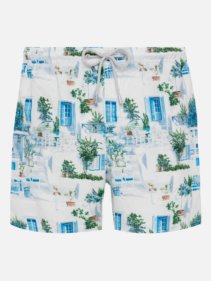 Mid-length Gustavia swim-shorts with Greek house print |AI CO-CREATED DESIGN BY RICKDICK - POWERED BY RED-EYE