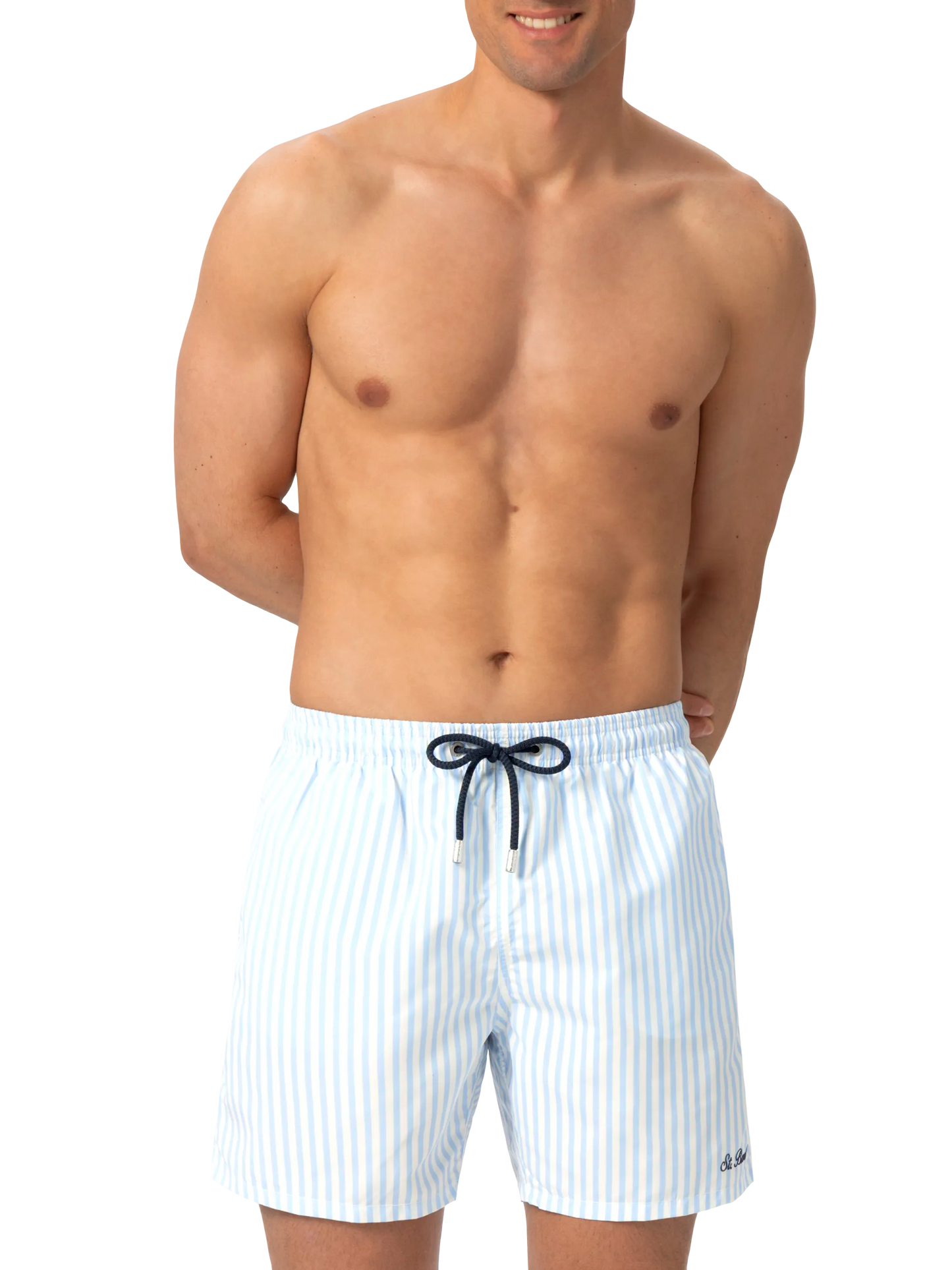 Costume mare lunghezza media Gustavia a righe con ricamo St. Barth