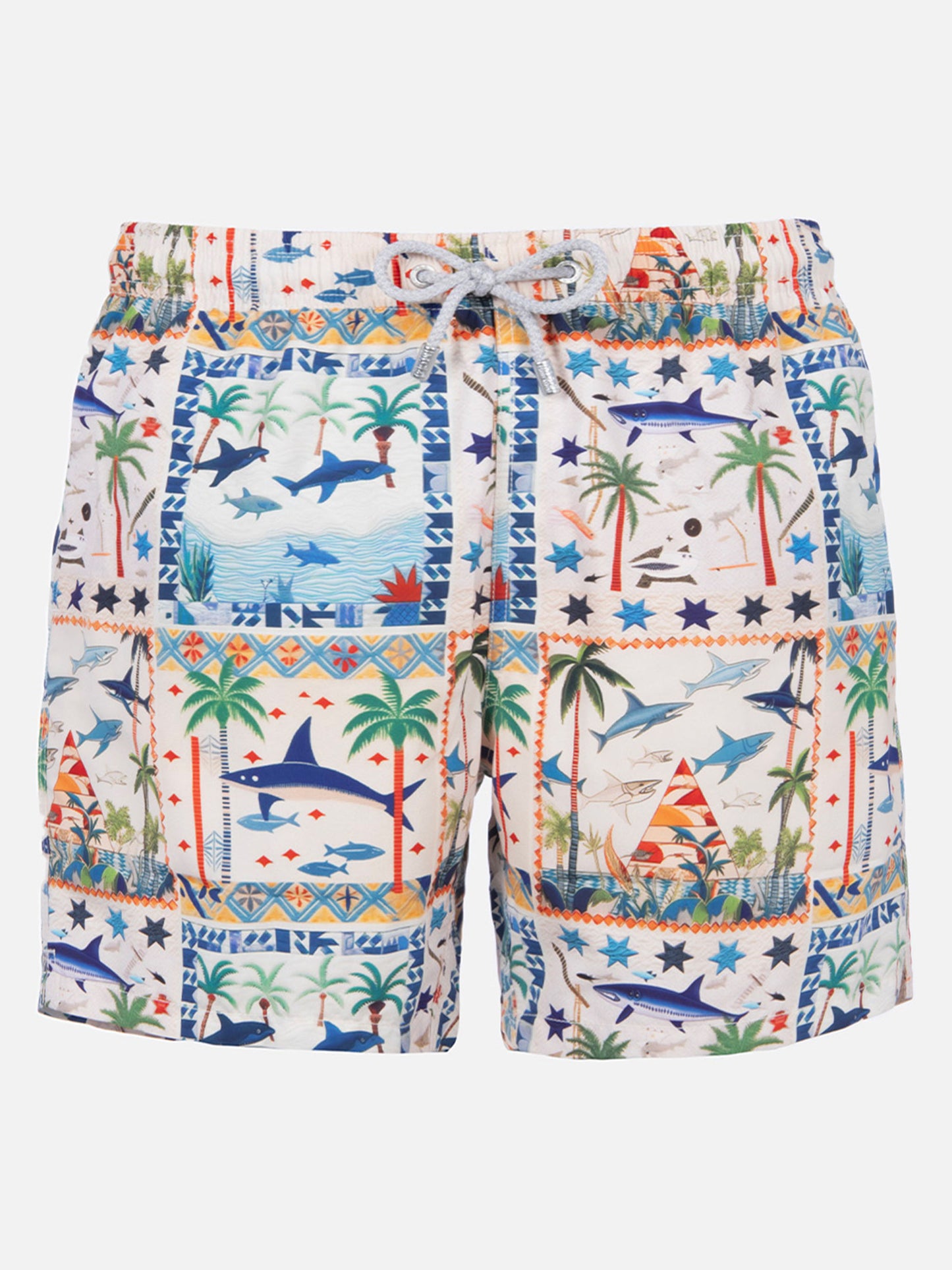 Mid-length Gustavia swim-shorts with shark print | AI CO-CREATED DESIGN BY RICKDICK - POWERED BY RED-EYE