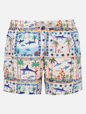 Mid-length Gustavia swim-shorts with shark print | AI CO-CREATED DESIGN BY RICKDICK - POWERED BY RED-EYE