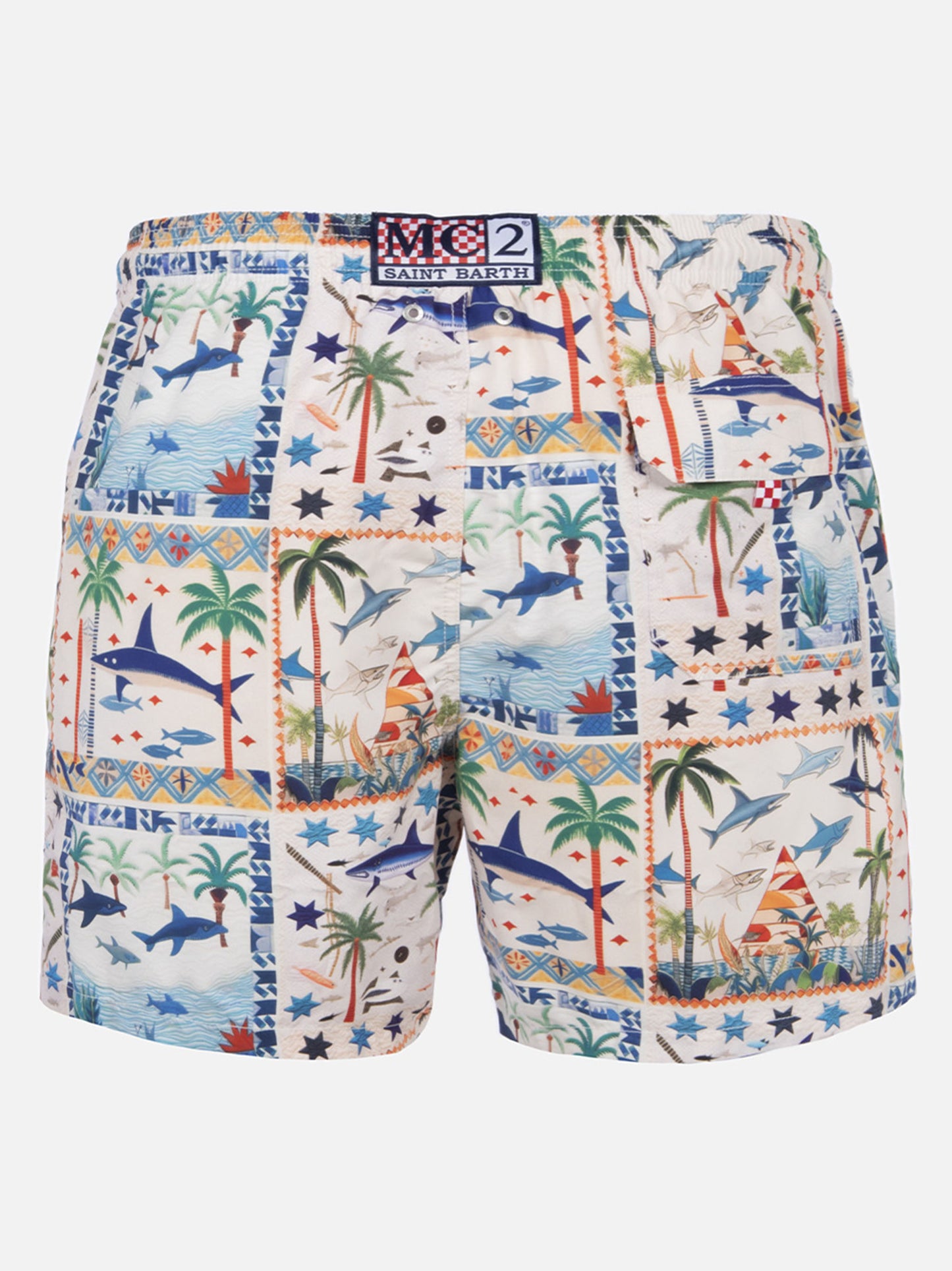 Mid-length Gustavia swim-shorts with shark print | AI CO-CREATED DESIGN BY RICKDICK - POWERED BY RED-EYE