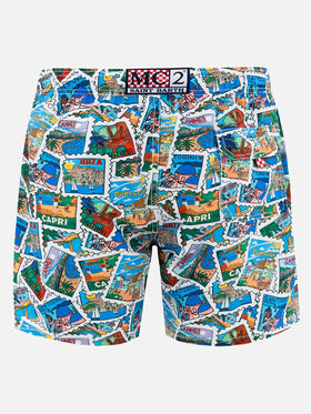 Man mid-length Gustavia swim-shorts with postcard mix print | ALESSANDRO ENRIQUEZ SPECIAL EDITION
