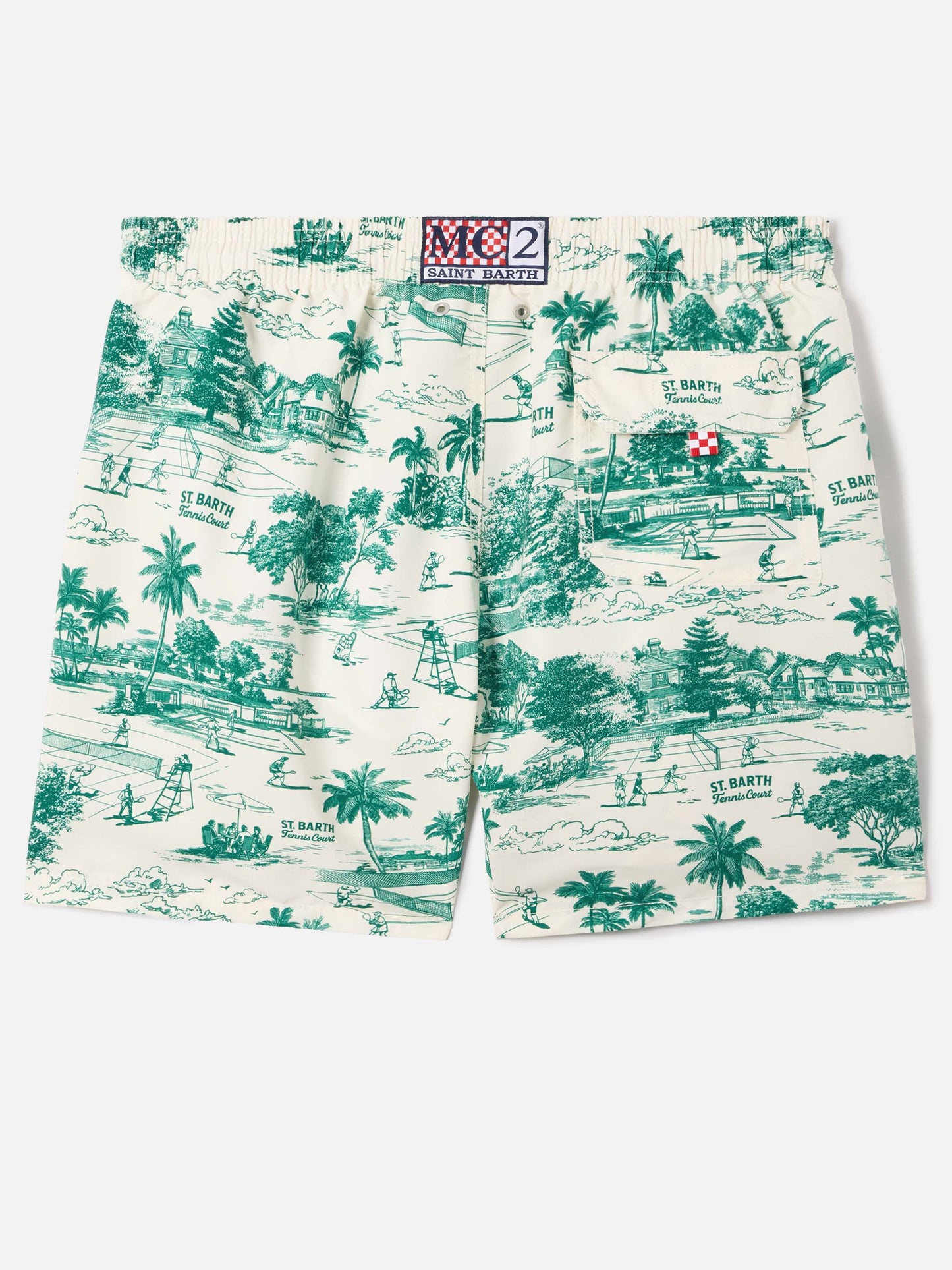 Gustavia swim shorts with green toile de jouy print