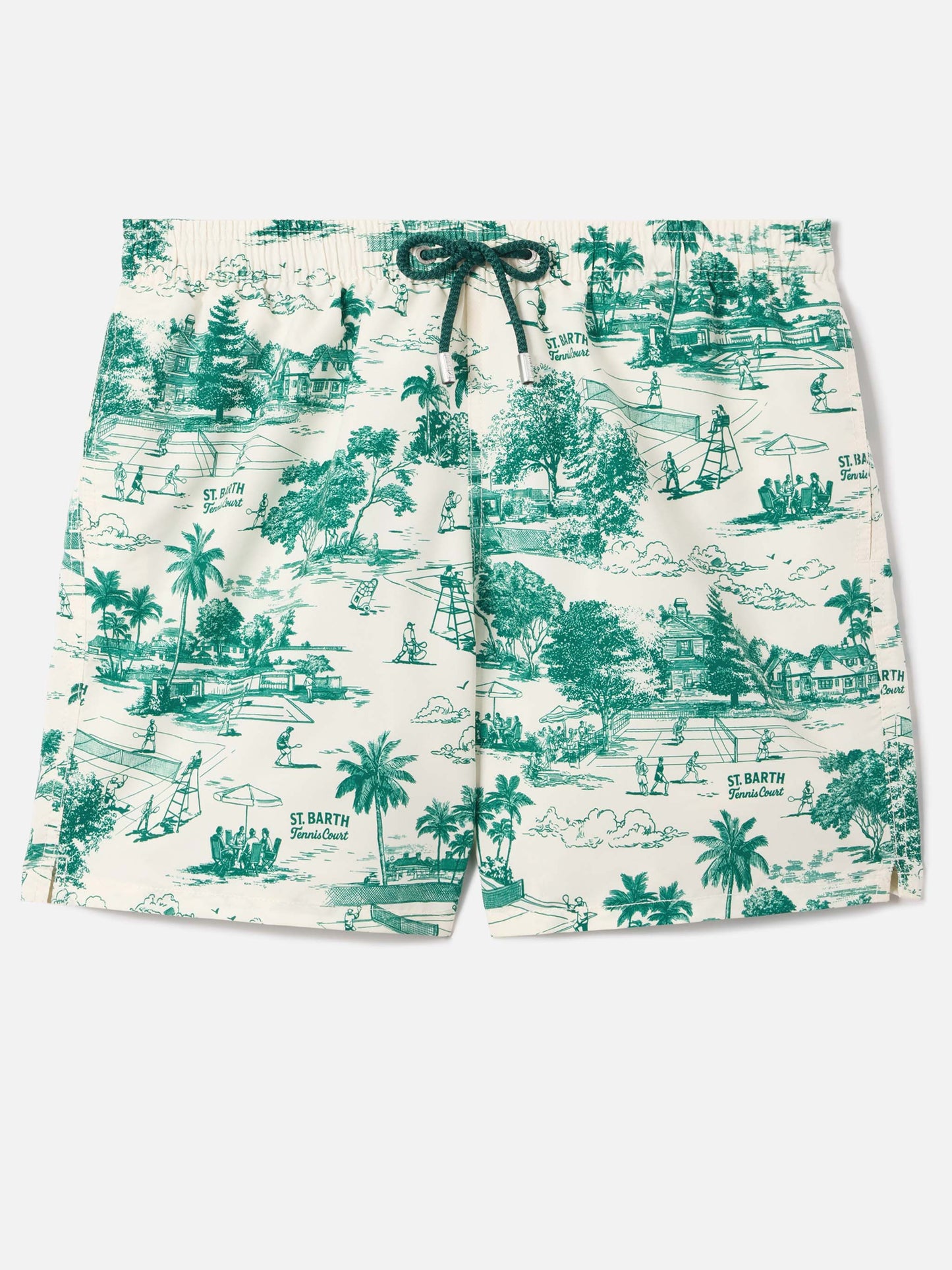 Gustavia swim shorts with green toile de jouy print