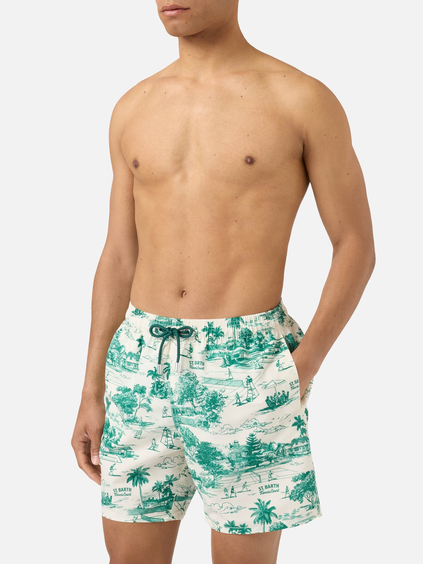 Gustavia swim shorts with green toile de jouy print