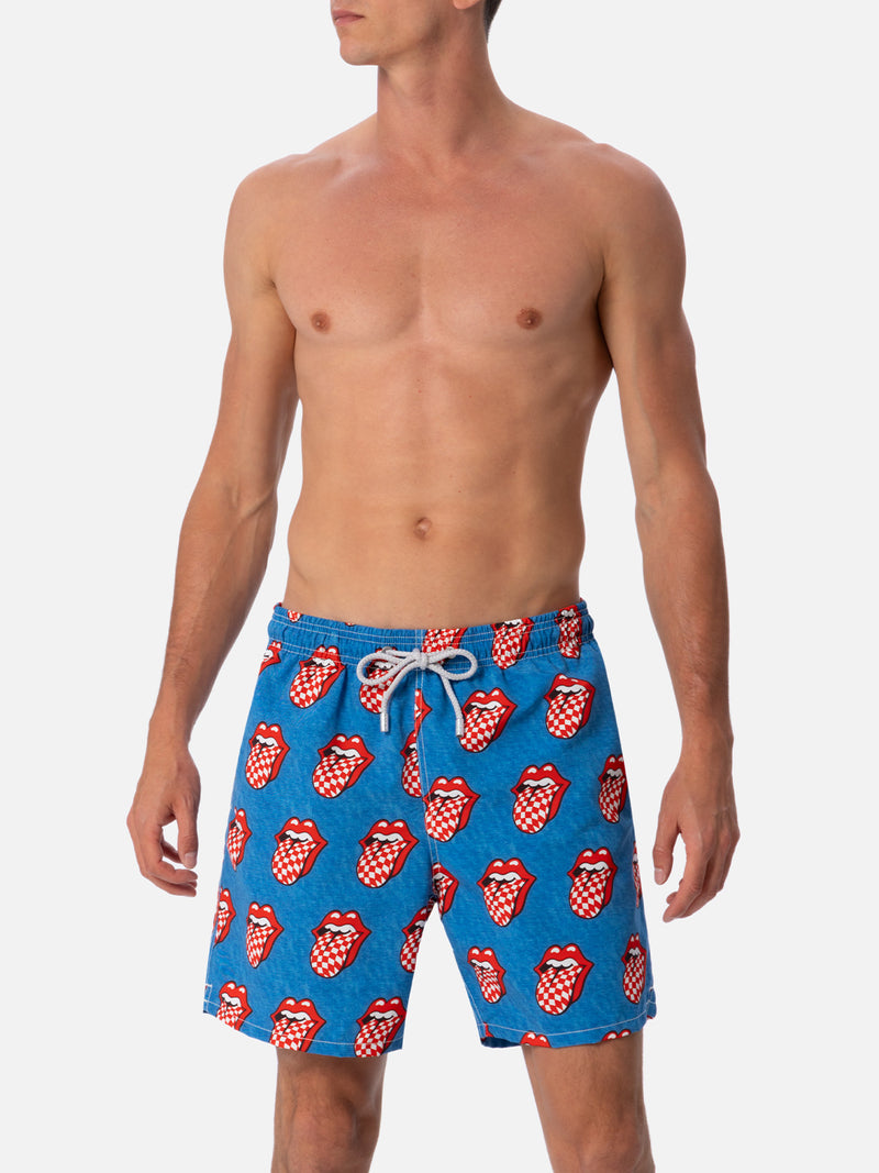 Mittellange gestreifte Gustavia-Badeshorts für Herren mit Rolling-Stones-Aufdruck | ROLLING STONES SONDEREDITION