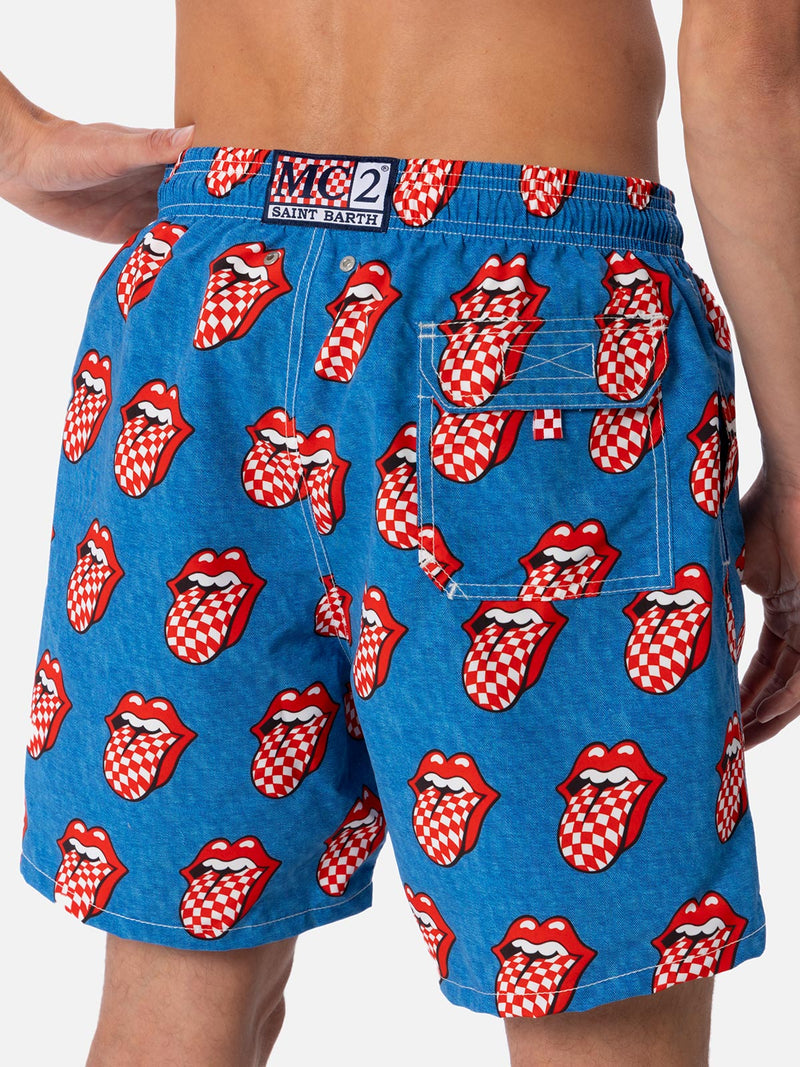 Man mid-length striped Gustavia swim-shorts with Rolling Stones print | ROLLING STONES SPECIAL EDITION