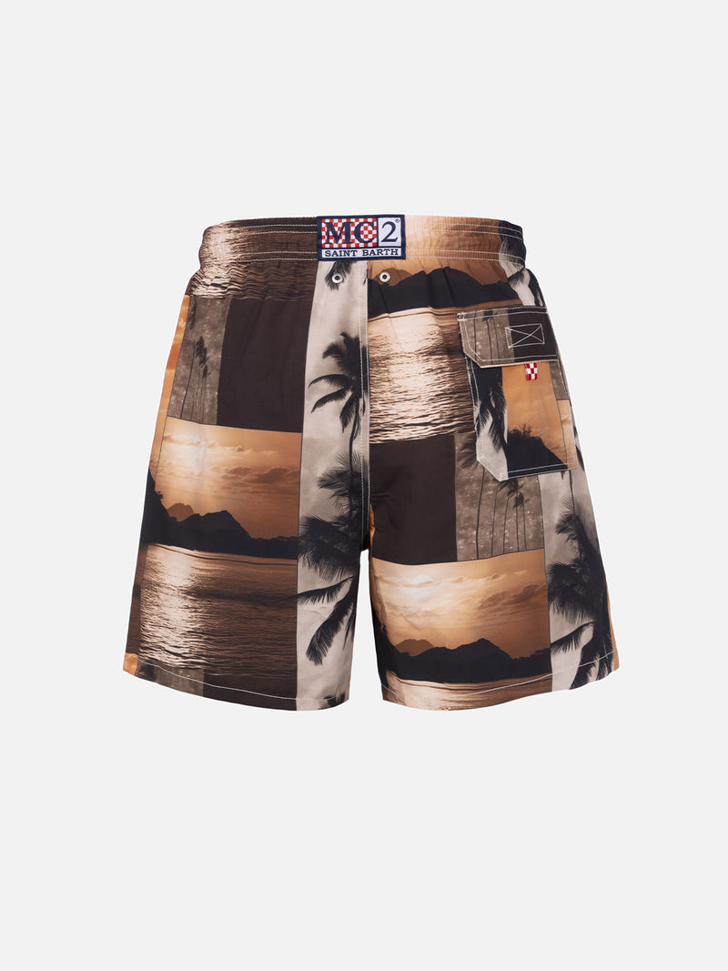 Man mid-length Gustavia swim-shorts with photo sunset print  |  AI CO-CREATED DESIGN BY RICKDICK - POWERED BY RED-EYE