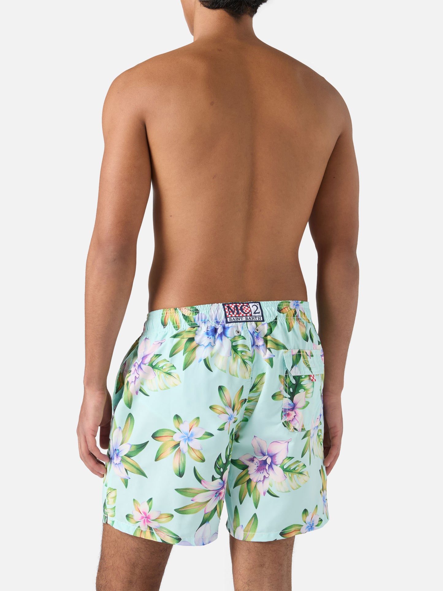 Mid-length Gustavia swim-shorts with tropical print