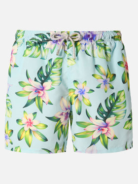 Mid-length Gustavia swim-shorts with tropical print