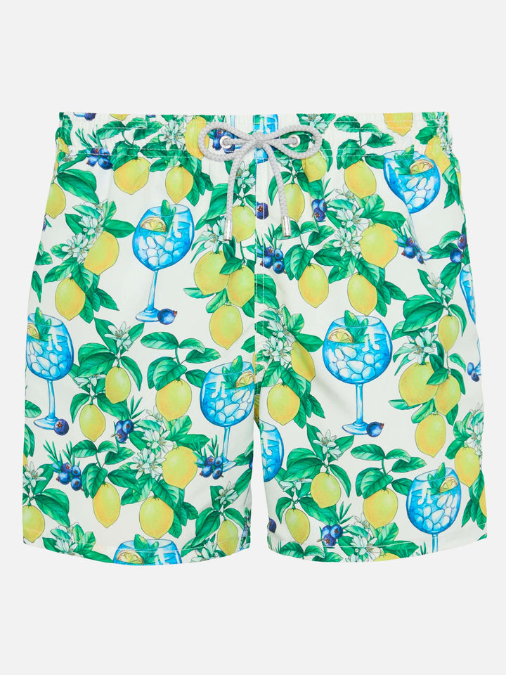 Mid-length Gustavia swim-shorts with gin and lemons print