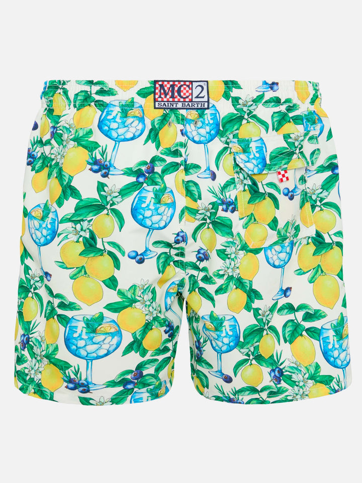 Mid-length Gustavia swim-shorts with gin and lemons print