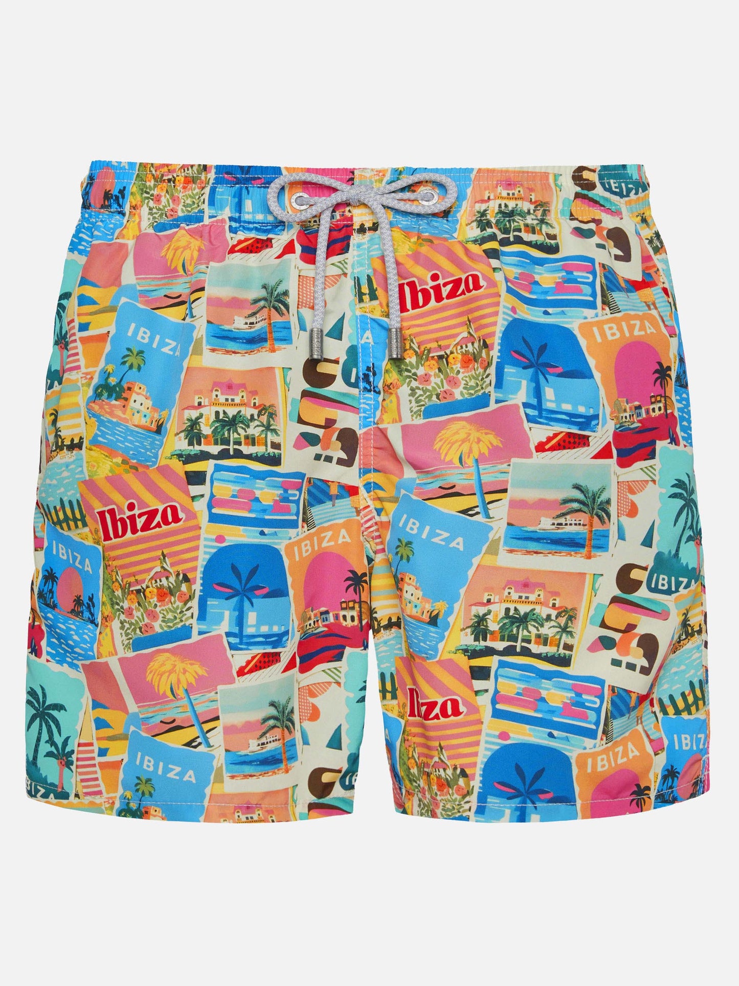 Mid-length Gustavia swim-shorts with Ibiza postcard print | AI CO-CREATED DESIGN BY RICKDICK - POWERED BY RED-EYE - MC2 Saint Barth