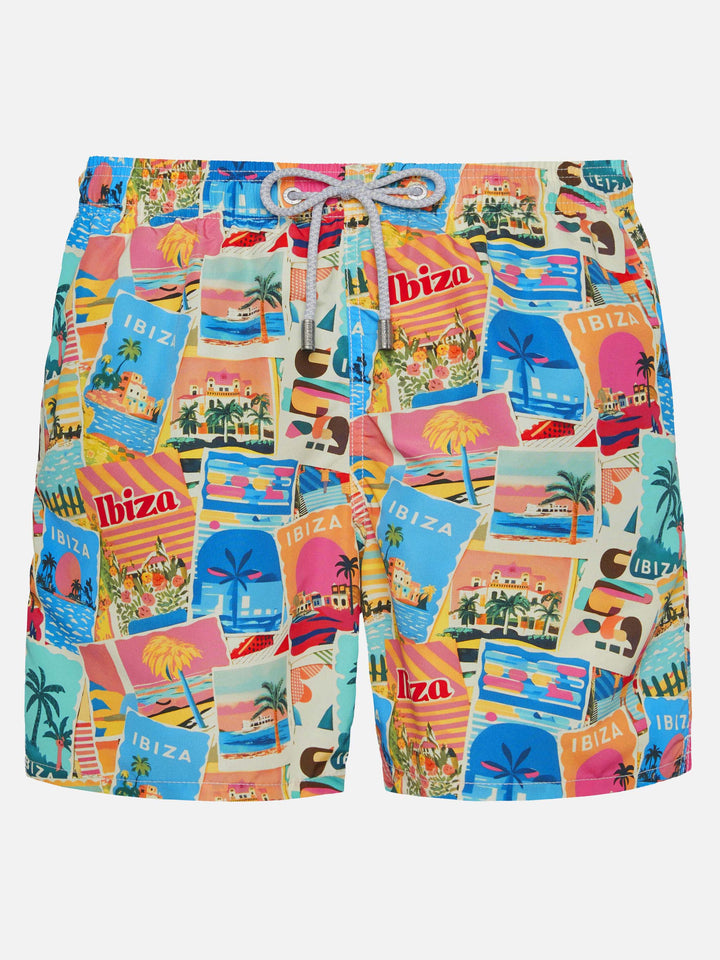 Mid-length Gustavia swim-shorts with Ibiza postcard print | AI CO-CREATED DESIGN BY RICKDICK - POWERED BY RED-EYE - MC2 Saint Barth