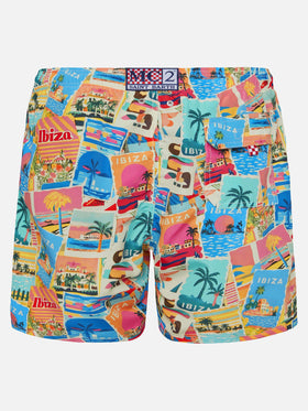 Mid-length Gustavia swim-shorts with Ibiza postcard print | AI CO-CREATED DESIGN BY RICKDICK - POWERED BY RED-EYE - MC2 Saint Barth