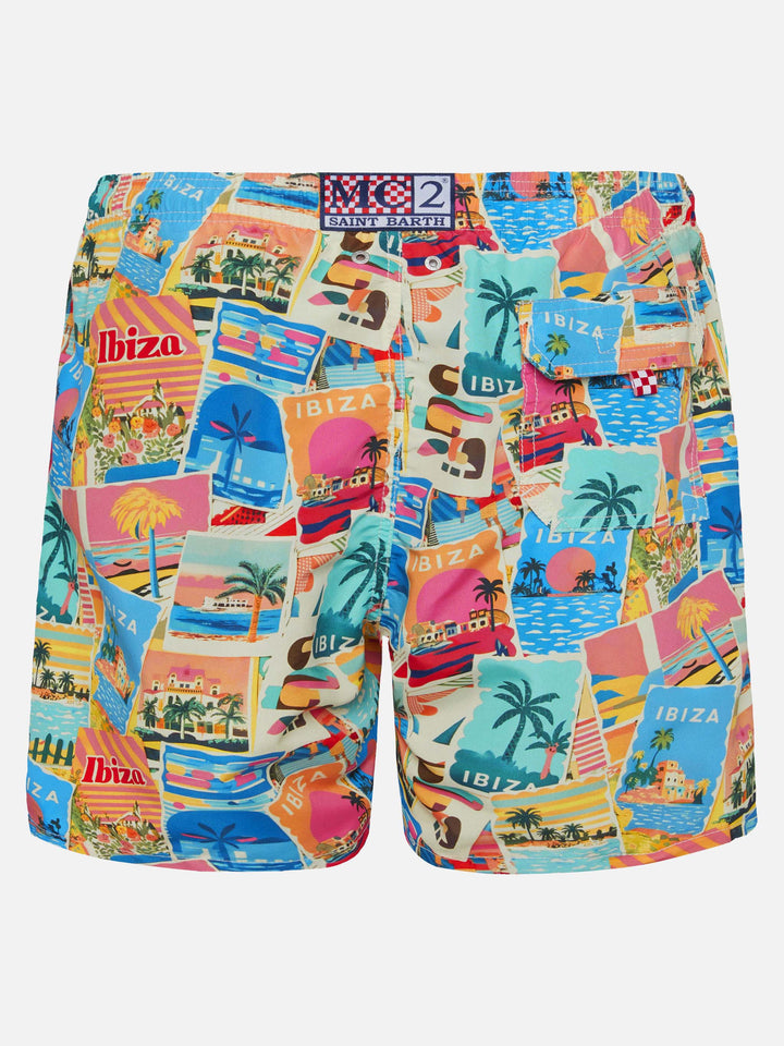 Mid-length Gustavia swim-shorts with Ibiza postcard print | AI CO-CREATED DESIGN BY RICKDICK - POWERED BY RED-EYE - MC2 Saint Barth
