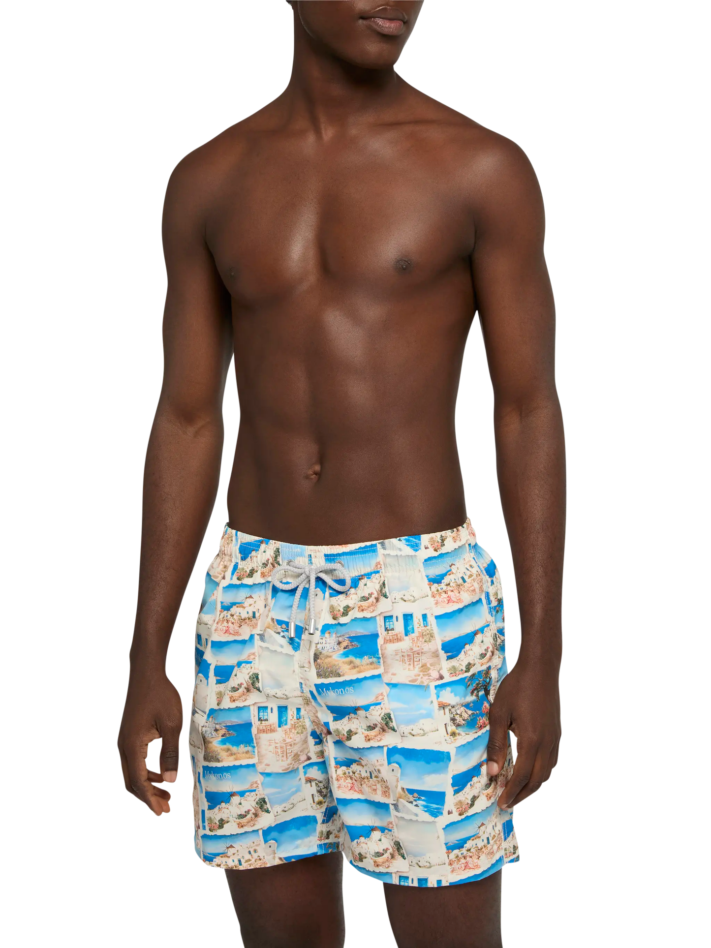 Mid-length Gustavia swim-shorts with Mykonos postcard print | AI CO-CREATED DESIGN BY RICKDICK - POWERED BY RED-EYE