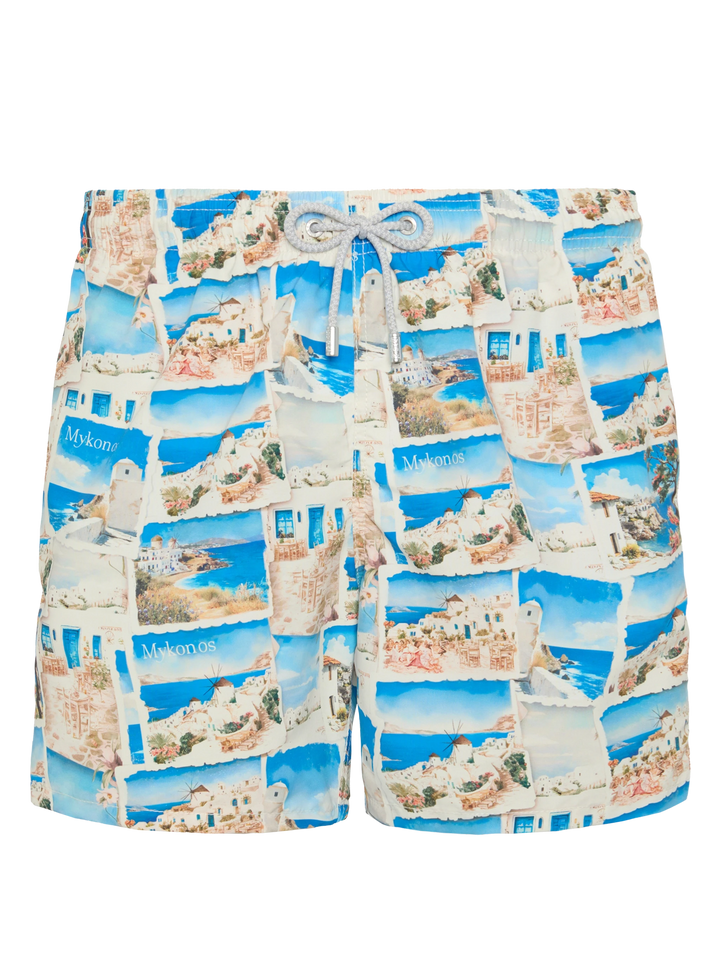 Mid-length Gustavia swim-shorts with Mykonos postcard print | AI CO-CREATED DESIGN BY RICKDICK - POWERED BY RED-EYE - MC2 Saint Barth
