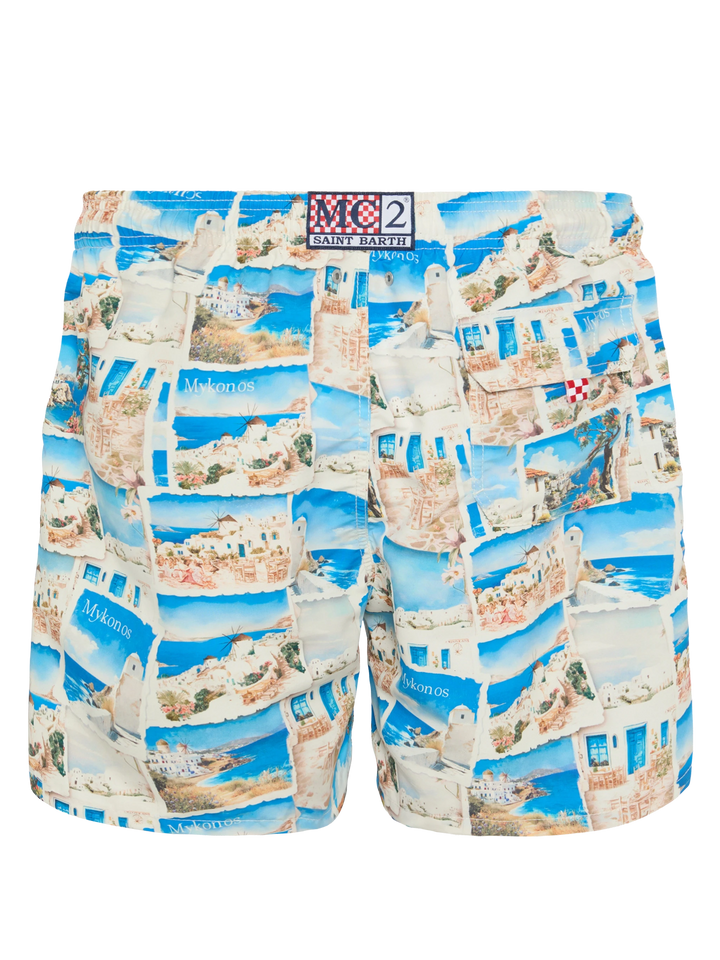 Mid-length Gustavia swim-shorts with Mykonos postcard print | AI CO-CREATED DESIGN BY RICKDICK - POWERED BY RED-EYE - MC2 Saint Barth