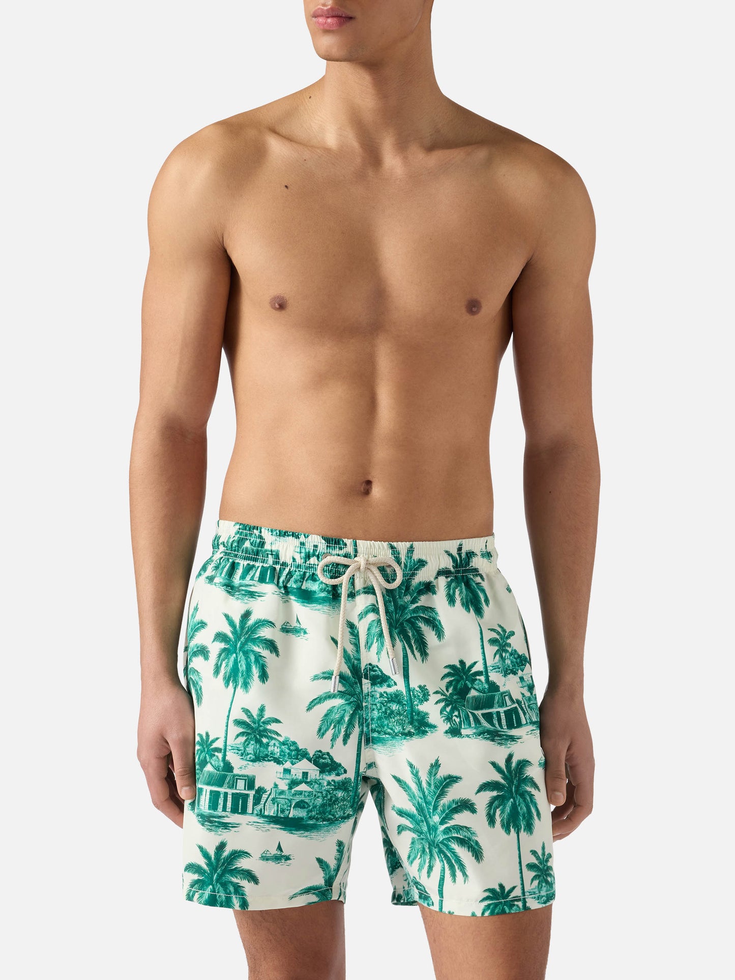 Gustavia swim shorts with green toile de jouy print | Special Edition