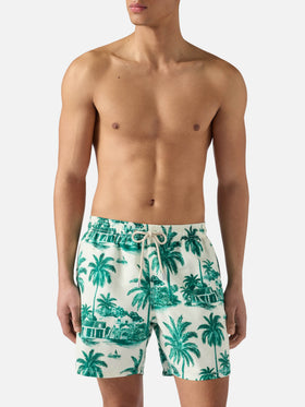 Gustavia swim shorts with green toile de jouy print | Special Edition