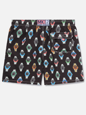Gustavia swim shorts in solid black with watch print