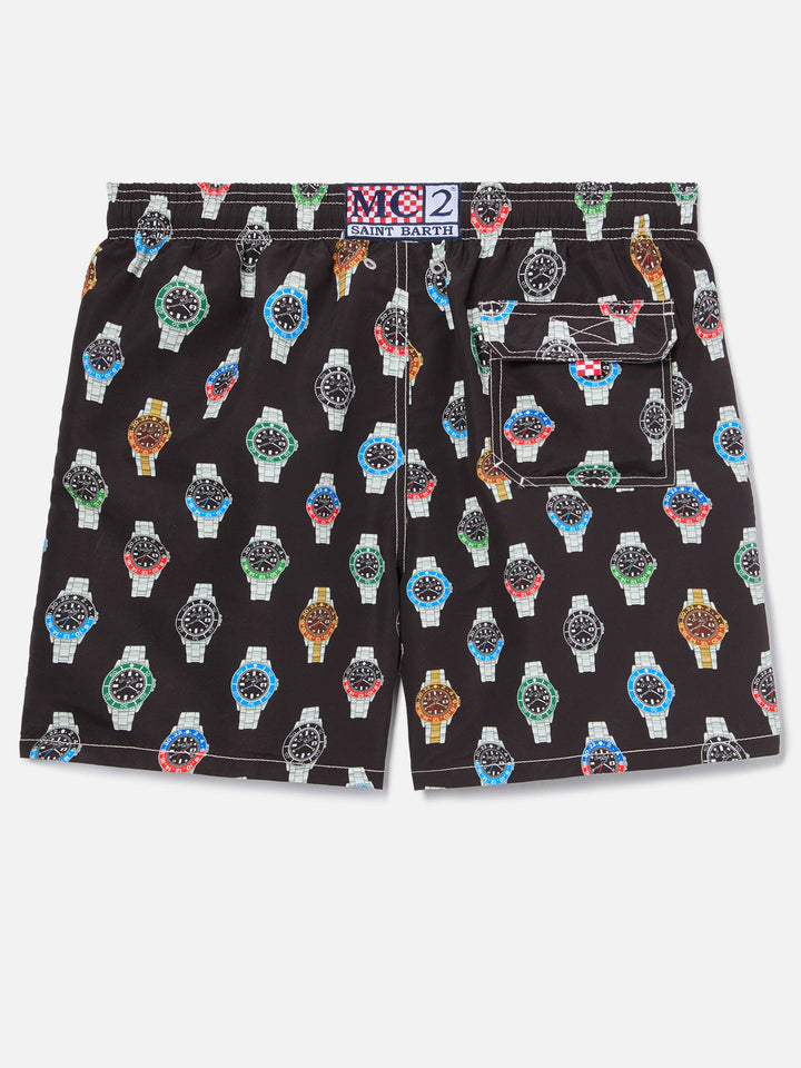 Gustavia swim shorts in solid black with watch print
